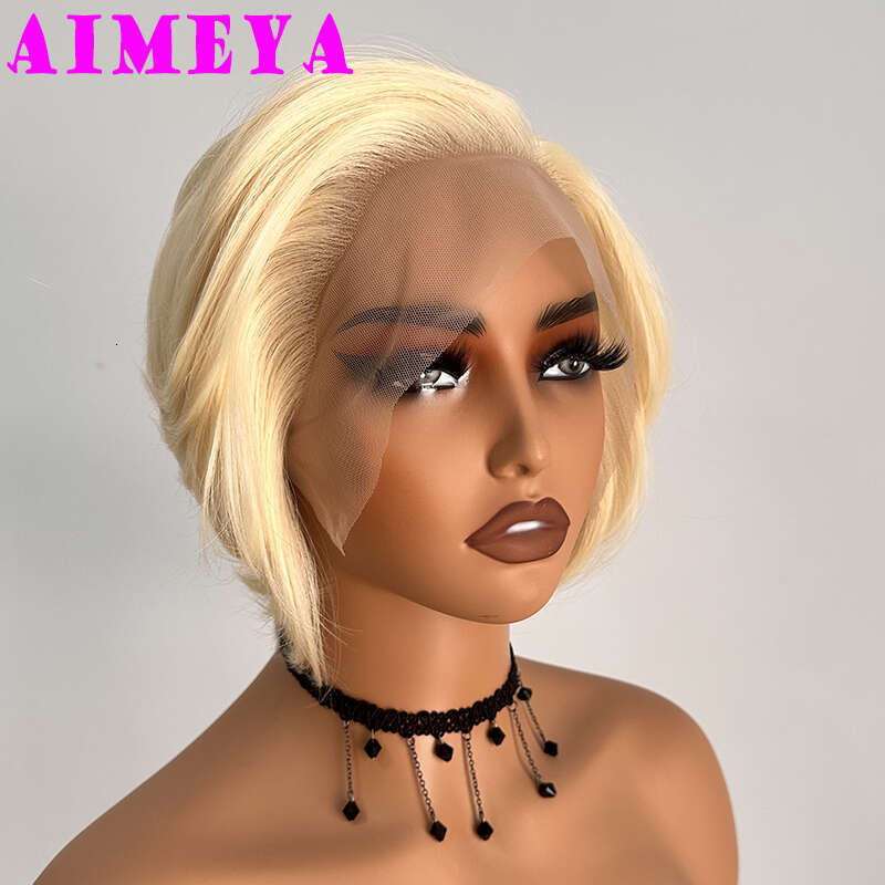AIMEYA 613 Blonde Short Wigs Natural Looking E Cut Heat Resistant Synthetic Hair Lace Front Wig Daily Use Cosplay Party