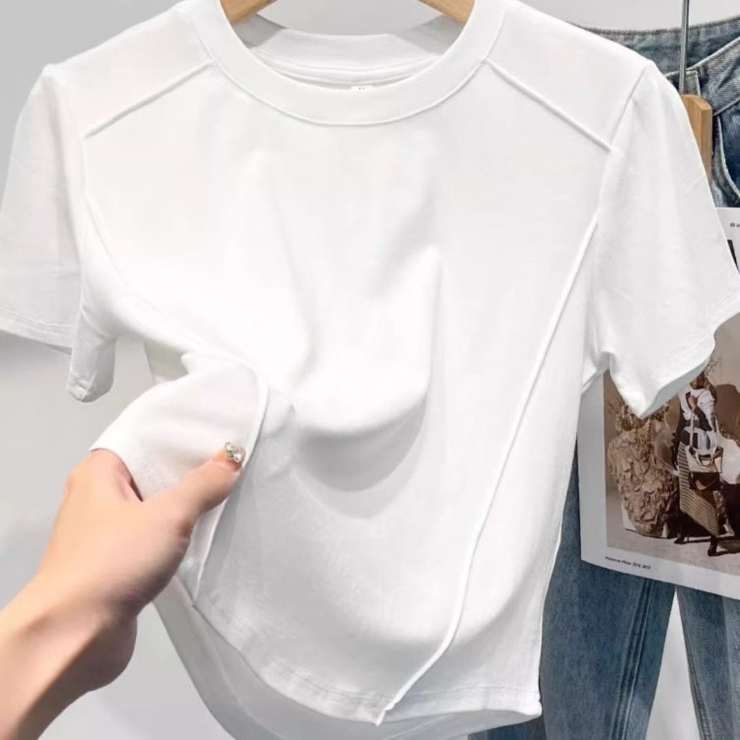 Women's T-shirt solid color round neck short sleeve slim designer T-shirt women's 2025 summer western style age-reducing top