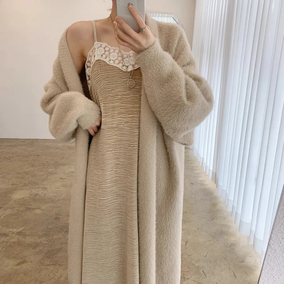 Artificial mink cashmere cardigan autumn and winter womens soft lazy long coat thick knitted sweater 240906
