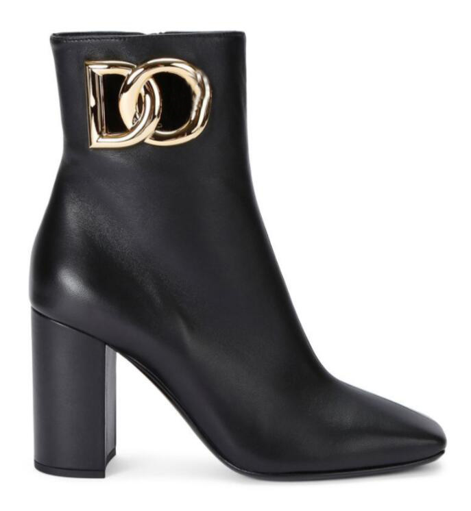 Women black leathers ankles boot Jackie embellished leather ankle-boots with side logo Medallion block heeled pump D Shoes 35-43Box