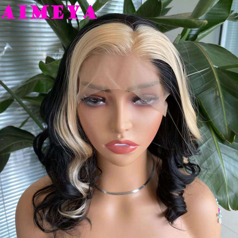 AIMEYA Hair Black Bob With Blonde Highlights Short Synthetic Lace Front Wigs Natural Looking Daily Use Wig