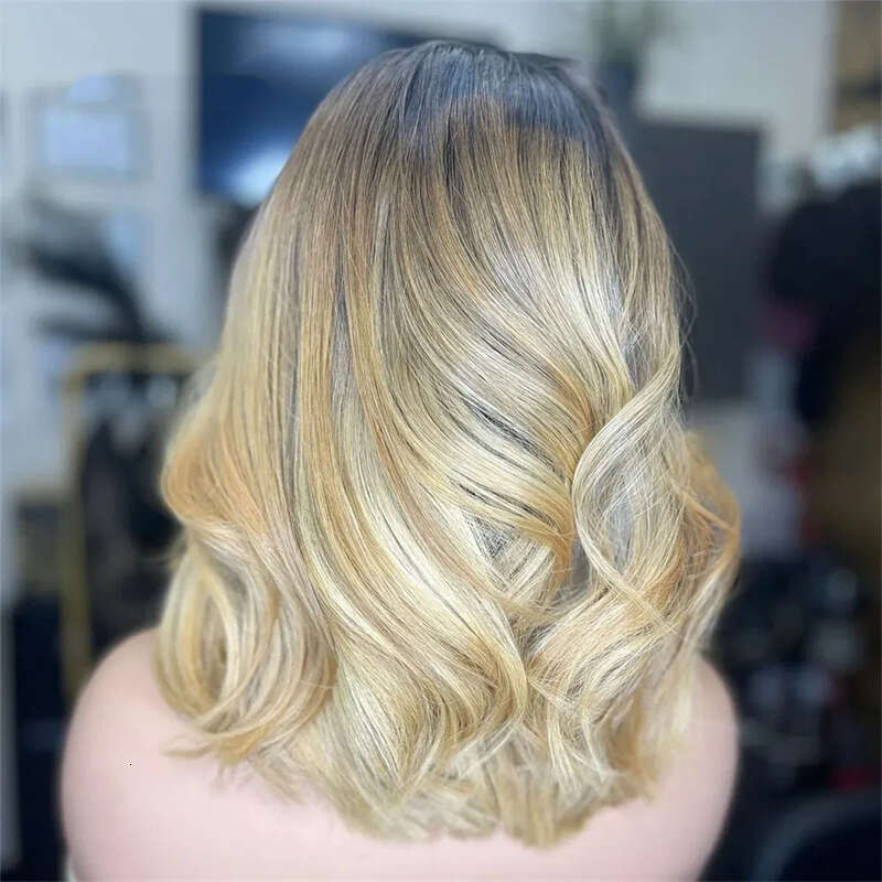 Ash Blonde Highlight Color Short Body Wave Bob Front Wigs For Women Long Synthetic Hair Dark Roots Lace Frontal Wig