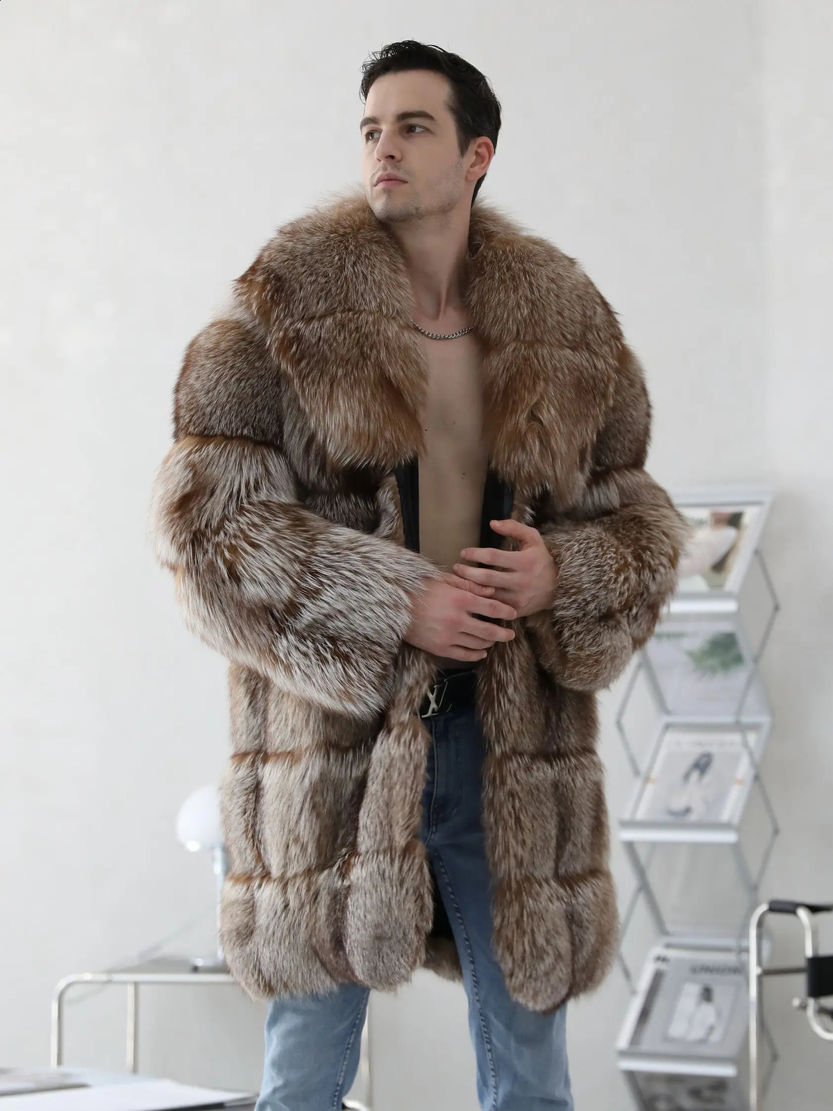 Janefur Man Jacket Real Fur Silver Fox Fur Coat Long Thick Warm Custom Wholesale Men Winter Coat 240905