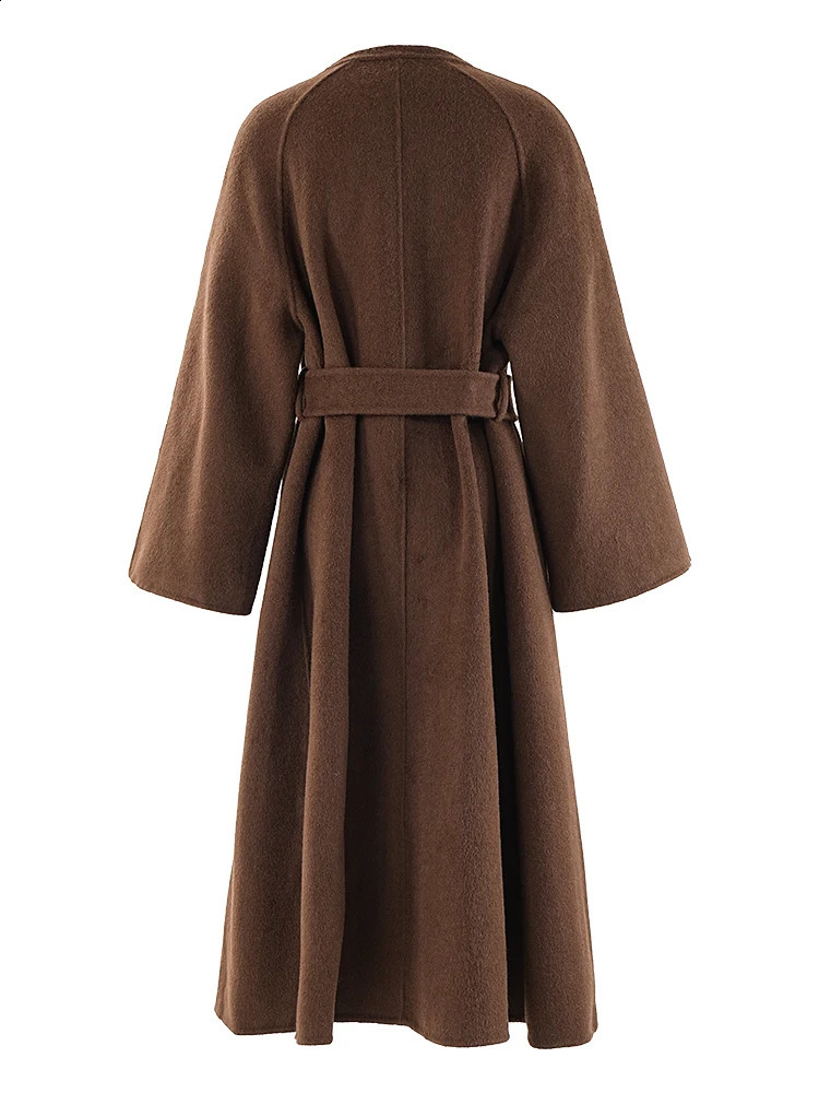 LANMREM Autumn Winter Woolen Coats Round Neck Double Sided Belt Overcoat Female Fashion Clothing CPG1808 240911
