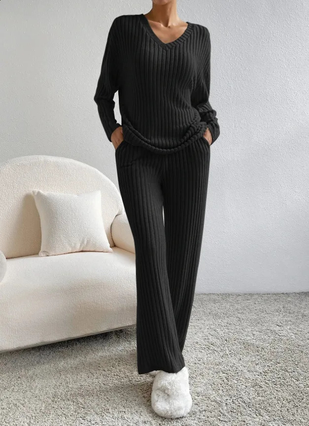 2024 Womens autumn winter knit cotton suit solid home clothes loose long-sleeved casual V-neck sweater straight pant trousers 240905