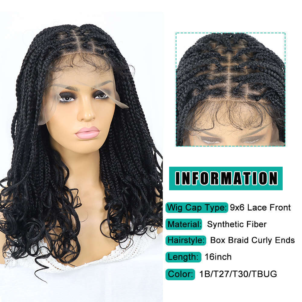 Box Wigs Curly Ends Synthetic Lace Front Braided 16Inch Square Part Pre Plucked With Baby Hair Braid Wig For Women
