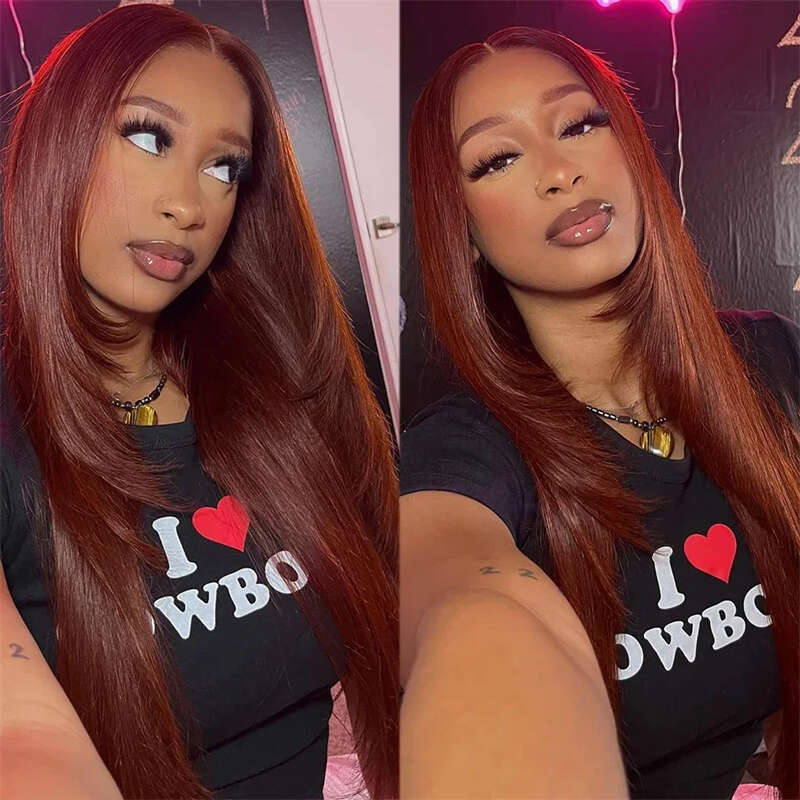 Synthetic 13X4 Glueless Heat Resistant Reddish Brown Layered Cut Wig Copper Red Straight Lace Front Wigs For Women Daily