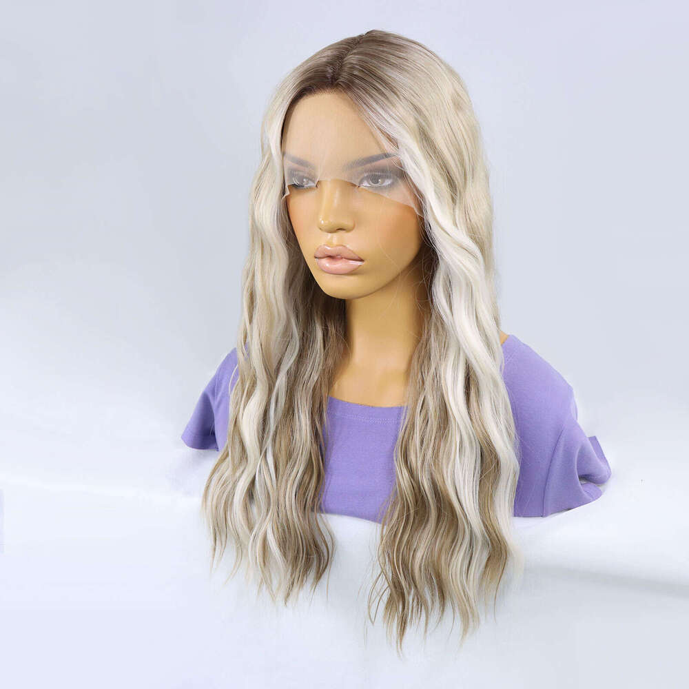 24Inch Ombre T Part Synthetic Lace Wigs For Women Dark Roots Deep Wave Ash Blonde Highlight Colored Wig Curly Hair
