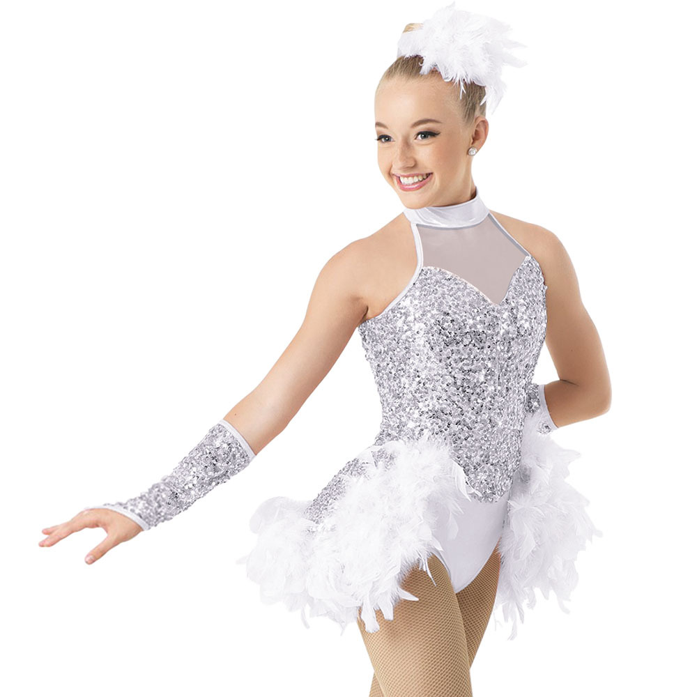 Feather Hem Dress For Girl Women Sequins Ballroom Stage Costume Compeon Performance Dynamic Dance Apparel Jazz Wear