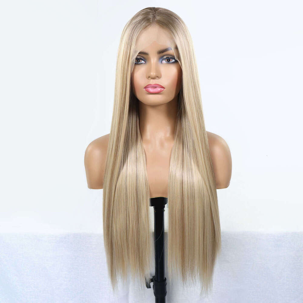 Highlight Synthetic Lace Front Dark Roots Straight Long Ombre Ash Blonde Pre Plucked Colored Wigs For Women 30 Inch
