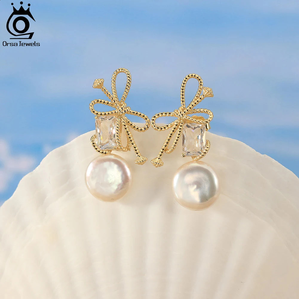 ORSA JEWELS 14K Gold Genuine 925 Sterling Silver Dangle Pearl Earrings with 5A CZ Cultured Freashwater Pearl for Women GPE84 240914
