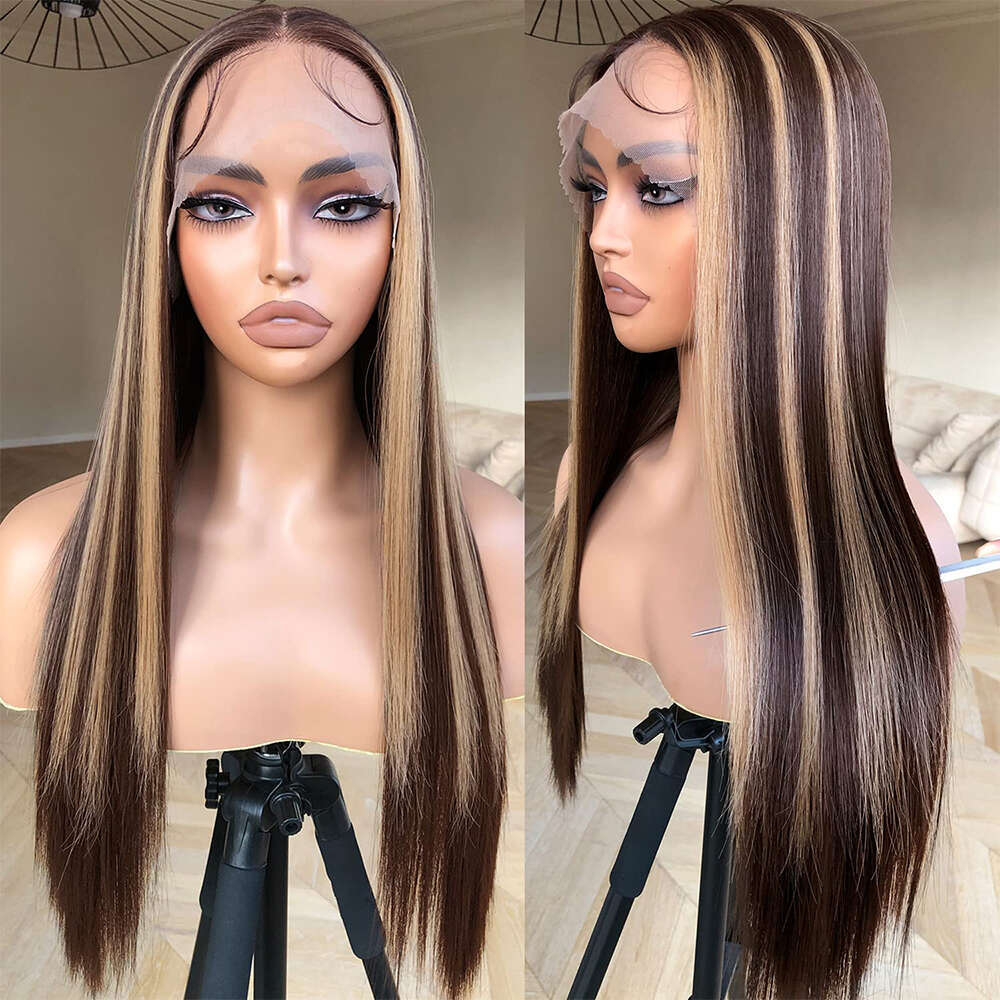 Highlight Brown Lace Front Straight Synthetic Hair 13X3 Pre Plucked Colored Heat Resistant Glueless Wig For Women