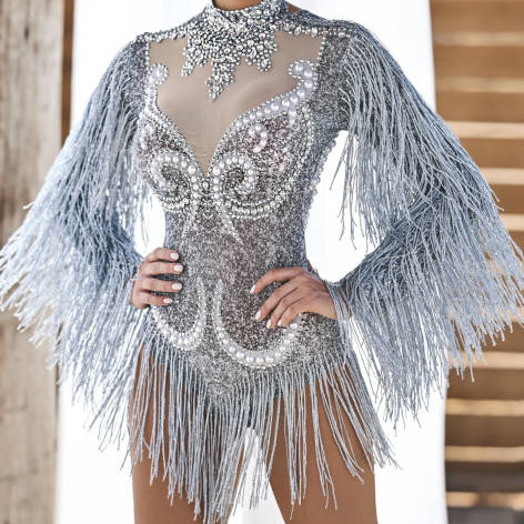 Sparkly Rhies Sexy Long Sleeves Tassel Pearls One Piece Short Jumpsuit Outfits Dancewear Women Stage Performance Bodysuit