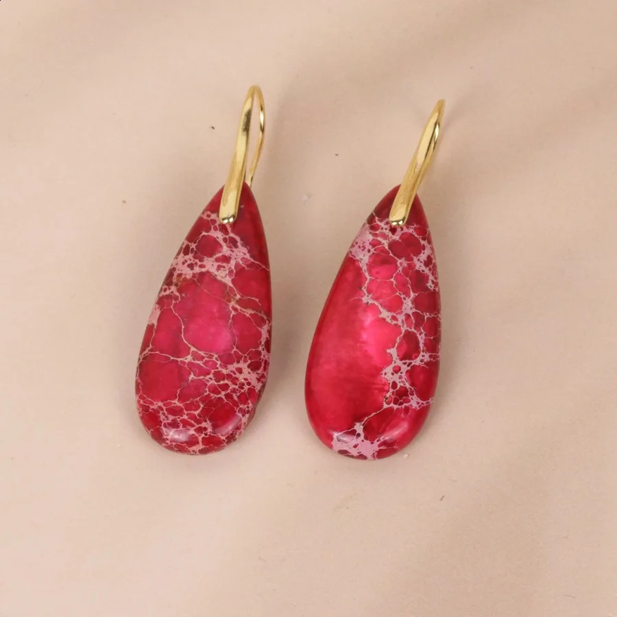 Bohemian Natural Red Imperial Jasper Stone Teardrop Gemstone Dangle Earrings For Women 240914