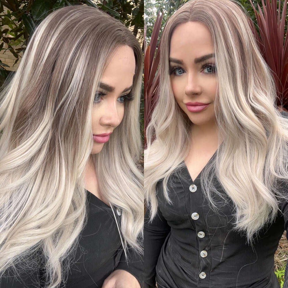 Medium Ash Blonde Highlights Heat Friendly Synthetic Lace Front Wig HD Full Slight Wavy Blend Human Hair Wigs Daily Use