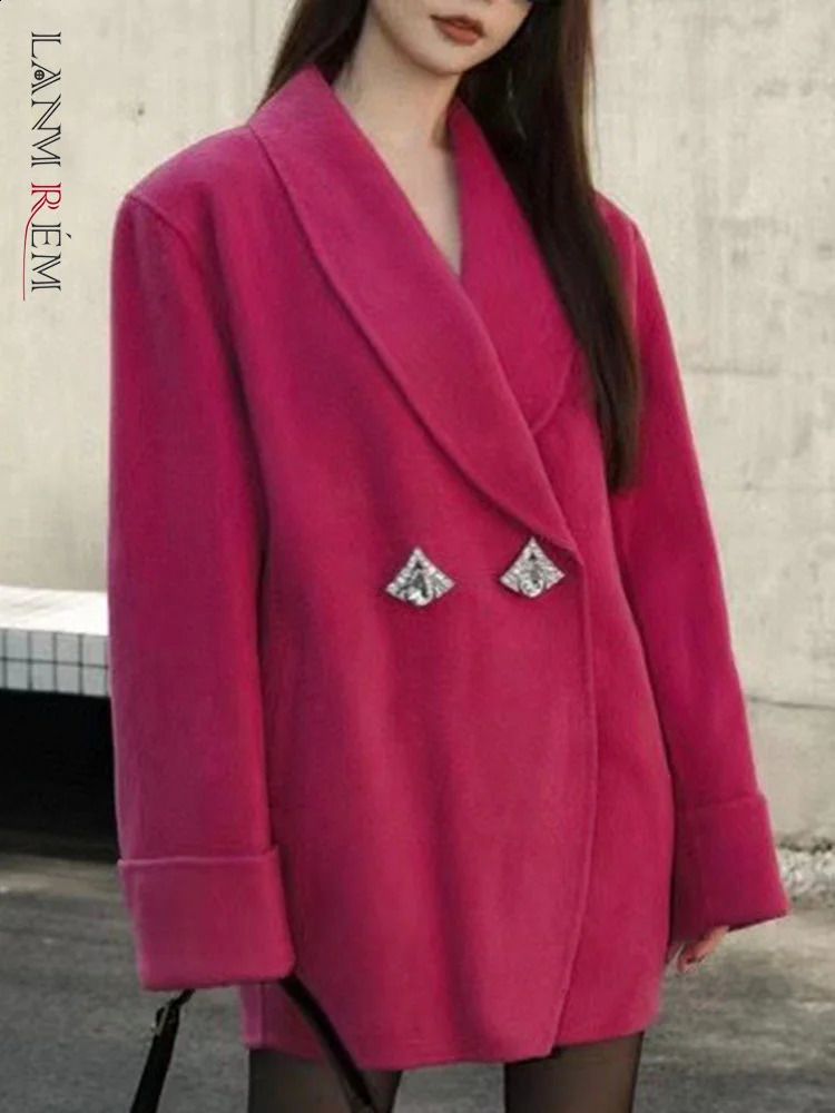 LANMREM High End Woolen Jackets Women Lapel Diamonds Single Breasted Solid Color Coat Fashion Autumn Winter 2AA1985 240911