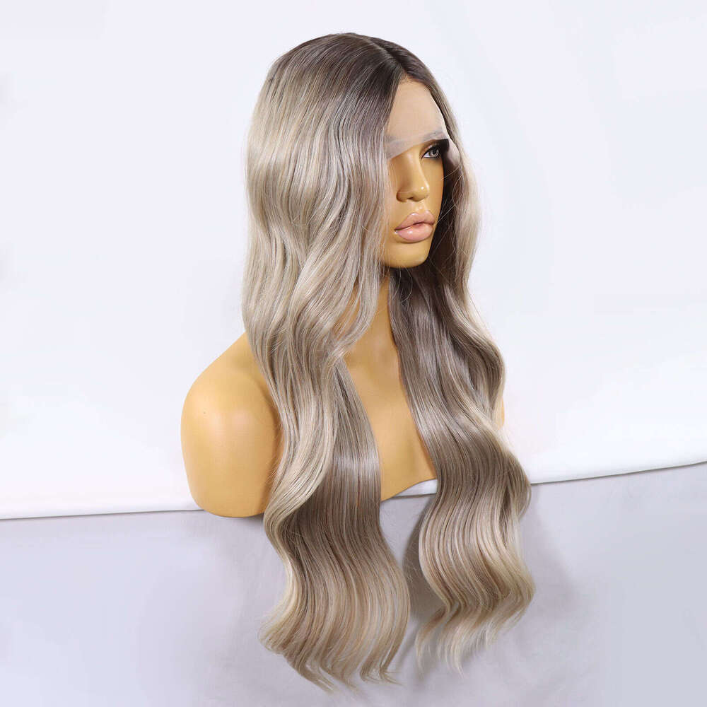 Ash Brown Synthetic Lace Front Wigs Highlight Body Wave Dark Roots Colored For Women Pre Plucked Ombre Blonde Glueless Wig