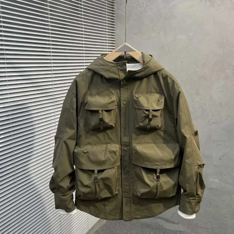 Spring Autumn Cargo Zipper Jacket Trend Hooded Workwear Jacket Mens American Retro Outdoor Coat Mountaineering Wear 240905