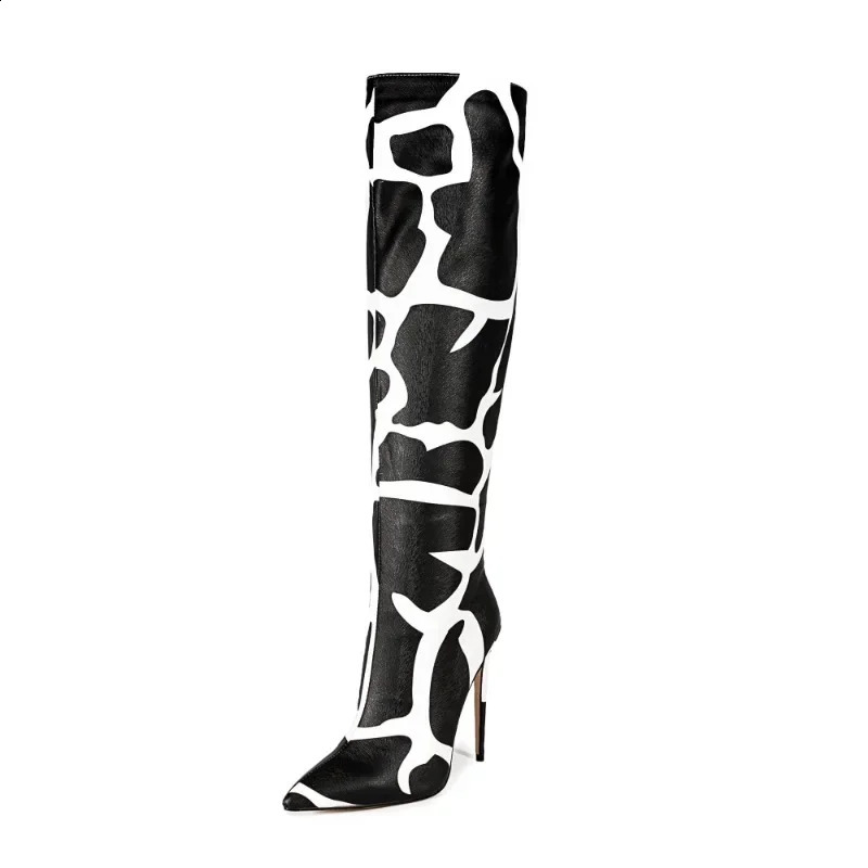 European American Style Slim Heels with Color Blocked Zippers Knee High Boots Womens Sexy Runway and Banquet Shoes 240906 4