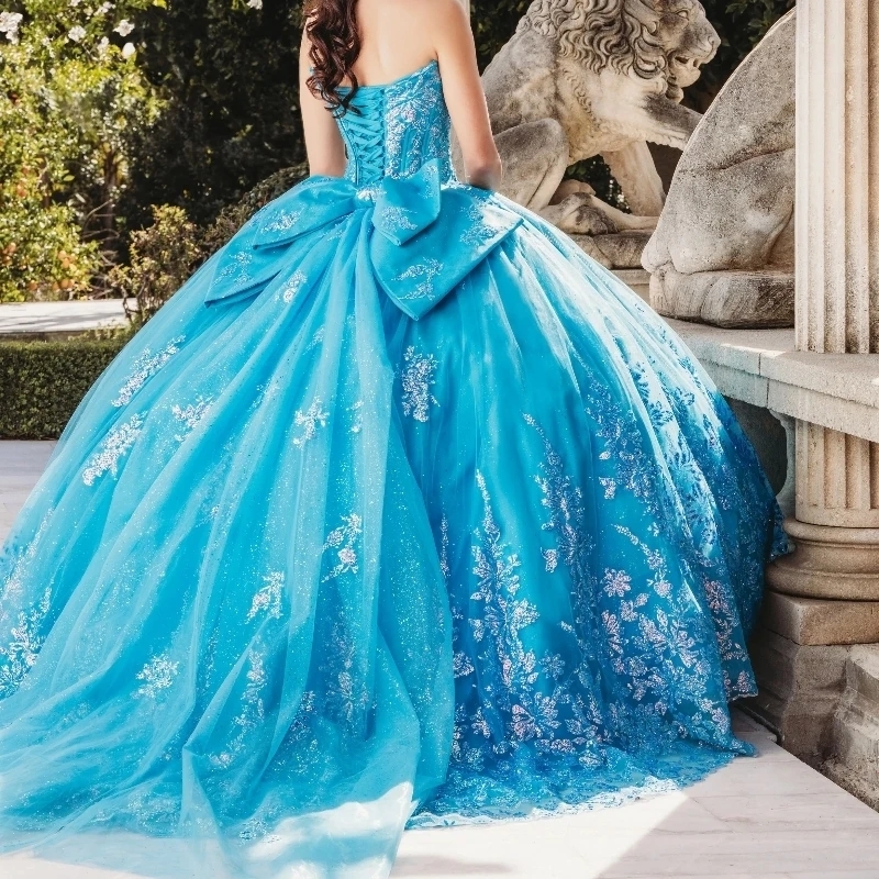 Sky Blue Shiny Quinceanera Dress Off The Shoulder Princess Sequin Applique Beads Crystal Tull Sweet 16 Birthday Party Gown Vestidos 15 De Anos