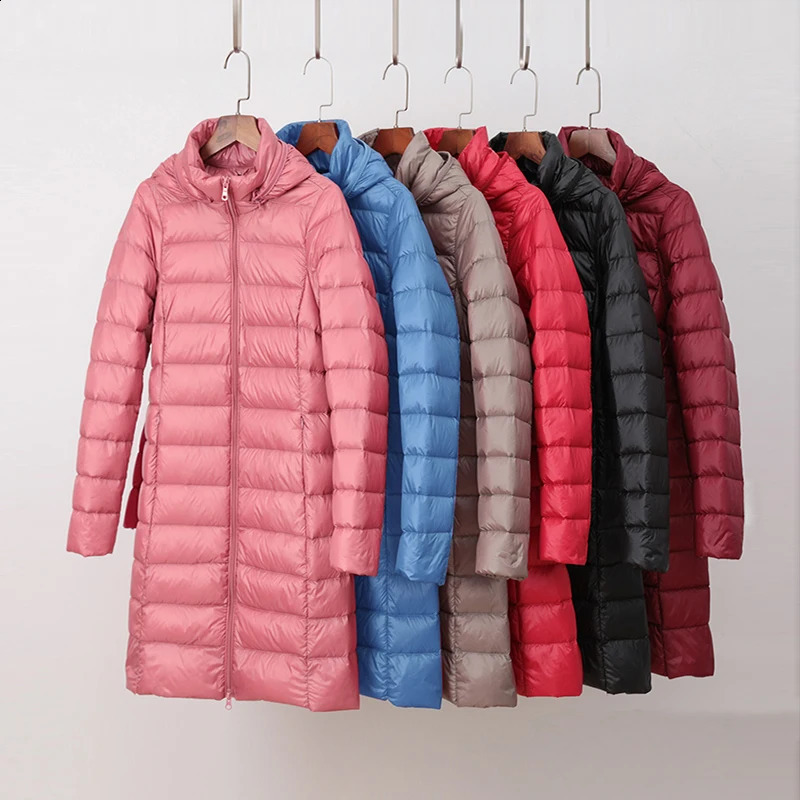 Winter Womens Korean Fashion Ultra Thin Detachable Hoodie Parka Fashion Jacket Down Jacket Long Light Thin Jacket Buffer Jacket 240913