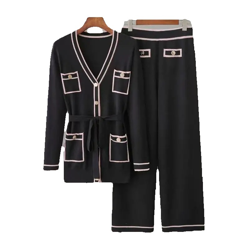 Spring Autumn Long-Sleeved Knitted Suit Womenv-Neck Cardigan Coat +Wide-Leg Pants Two-Piece Sets Fashion Pocket Top+Trousers