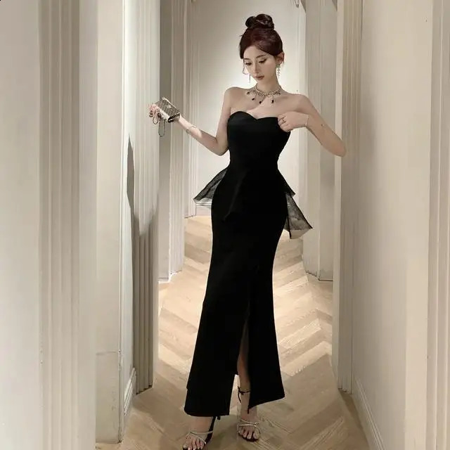 Strapless mesh splicing n with a slit style evening gown feel highend birthday party temperature dress 240913