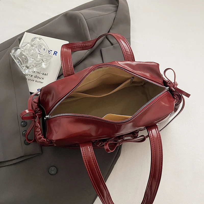 Retro Red Womens Bag Cute Bow Tie n Underarm For Women Korean Travel Handbag And Purse Pu Leather Shoulder Tote 240914