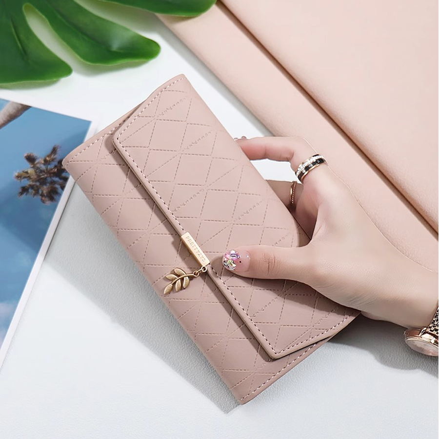 Popular Women's Long Wallets with Leaf Pendant, Large Capacity, Fold Design, Coin Purses, Card Holder, Money Bags