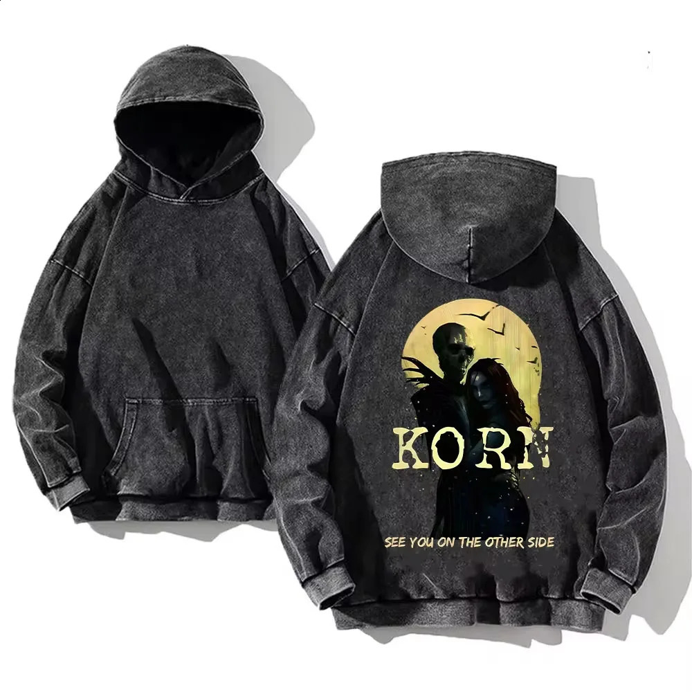 Korn Rock Band World Tour Hoodies Vintage Washed Mens Sweatshirts Cotton Hip Hop Streetwear Hooded Pullover Loose Y2K Tops 240910