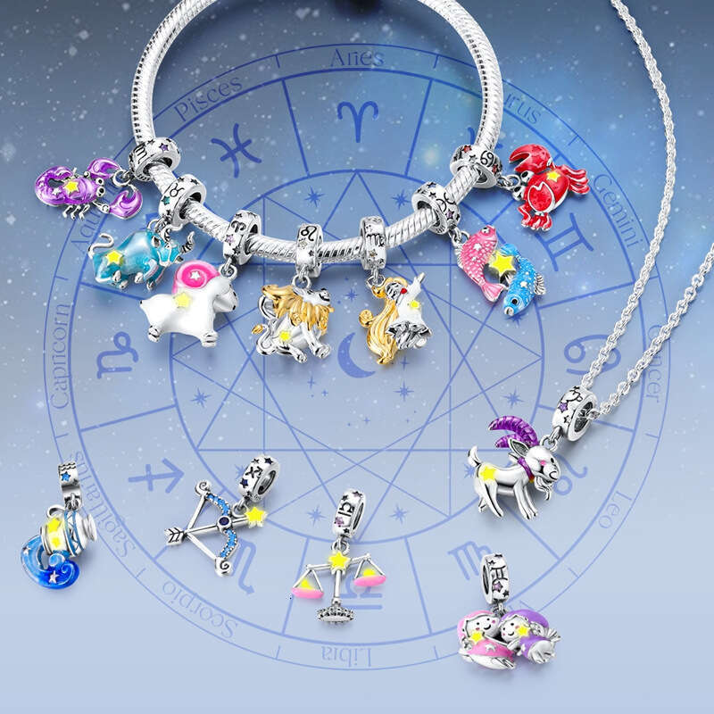 S925 New 925 Sterling Silver Charm Colorful Twelve Constellations pendant Fit Charms Silver 925 Original Bracelet DIY Jewelry Making For women Gifts