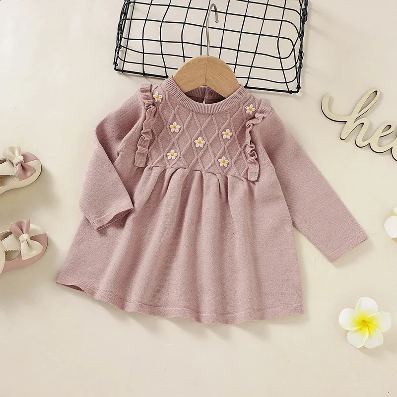 Baby Sweater Dress Knitted Girl Long Sleeve Autumn Childrens Clothing Fashion Cute Flower Warm 618M 240909