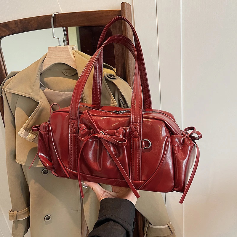 Retro Red Womens Bag Cute Bow Tie n Underarm For Women Korean Travel Handbag And Purse Pu Leather Shoulder Tote 240914