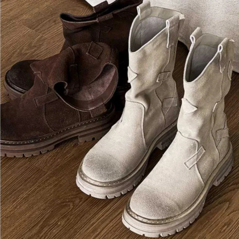 Womens retro western cowboy boots autumn mid-range round toe shoes outdoor anti slip er Botas Ankle Flats Mujer Zapatos 240914