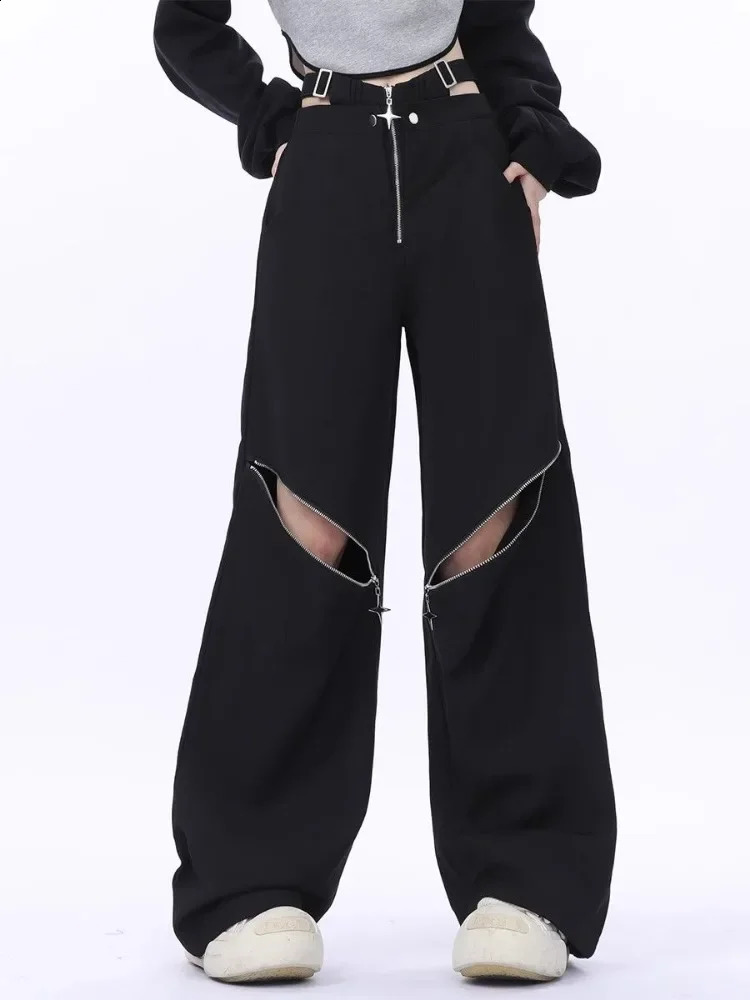 HOUZHOU Y2K Black Cargo Pants Women Baggy Punk Style Zipper Trouser Hip Hop Gyaru Streetwear High Waist Pant Techwear Hollow Out 240906