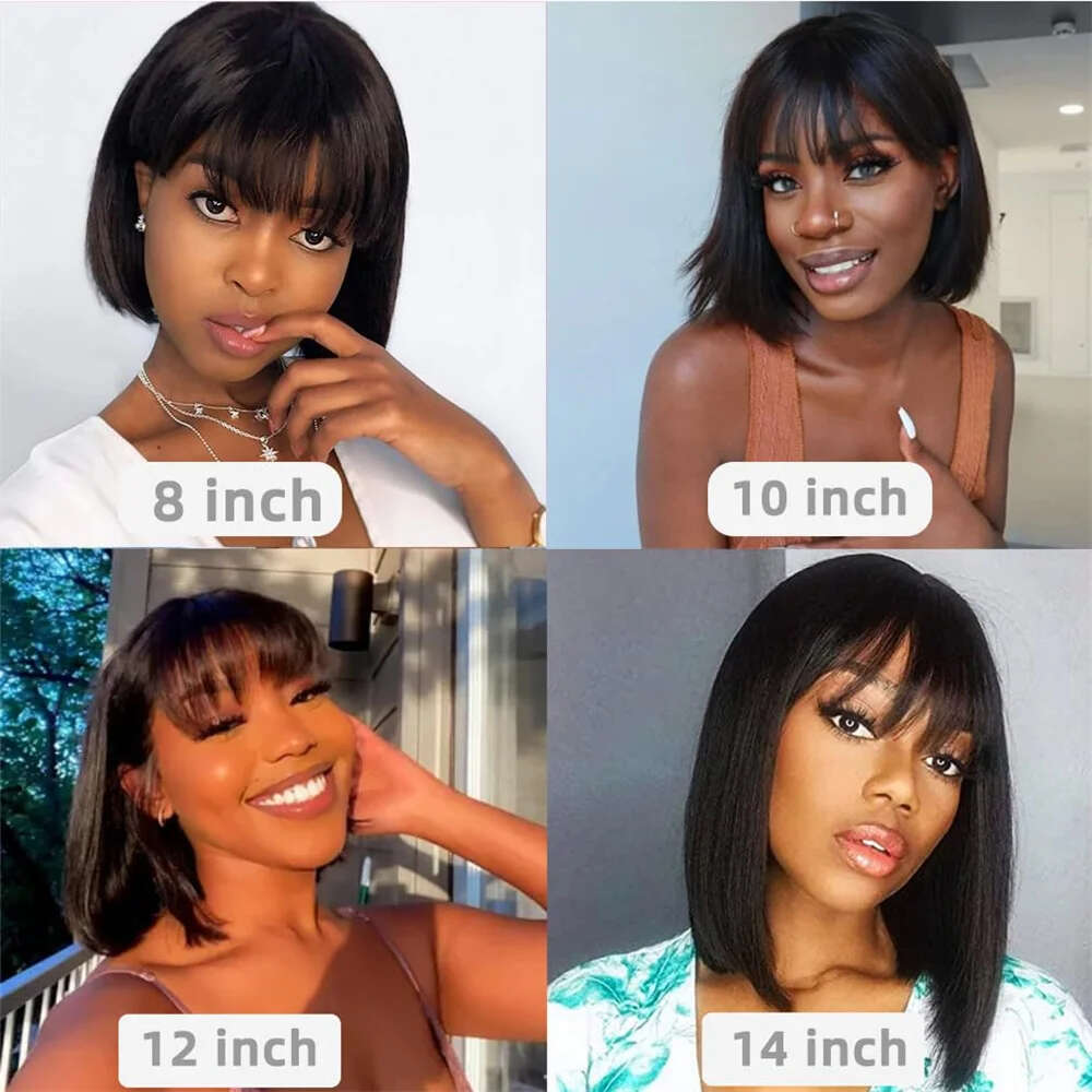Brazilian Short Straight Wigs Human Hair With Bangs Remy Full Hine Made For Women Non Lace Glueless Bob Wig