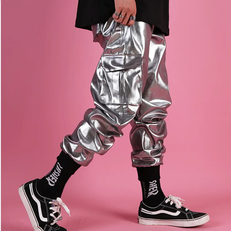 Mens streetwear hip-hop punk silver leather pants mens shiny metal pants personalized harem pants multi pocket cargo pants 240913