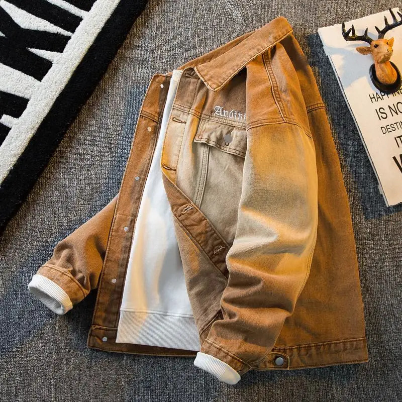 Mens American high street gradient denim jacket mens spring and autumn cool style handsome and casual jacket korean fashion 240911