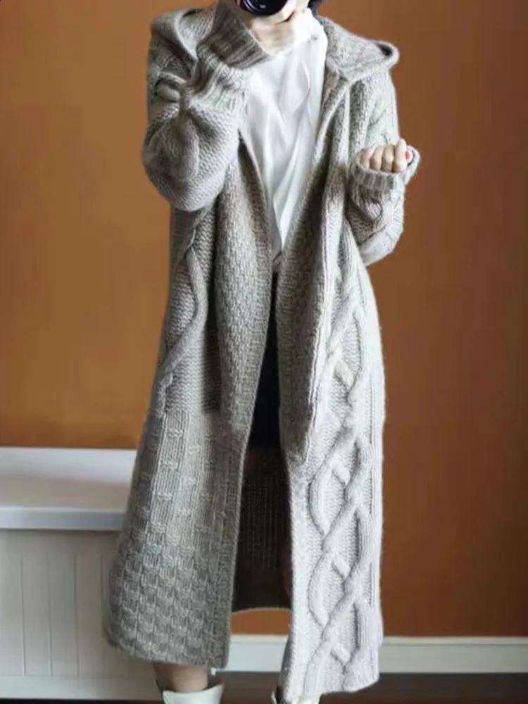 Womens Sweater Autumn Winter Knitted Long Open Woolen Sweater Korean Fashion Loose Large Full Sleeve Casual Hoodie Knitted 240914