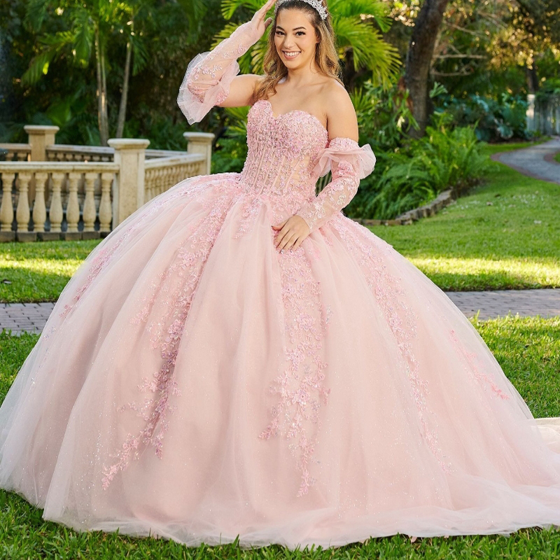 Pink Sequined Appliques Beading Shiny Crystal Tull Ball Gown Quinceanera Dresses Off The Shoulder Corset Vestidos De 15 Anos