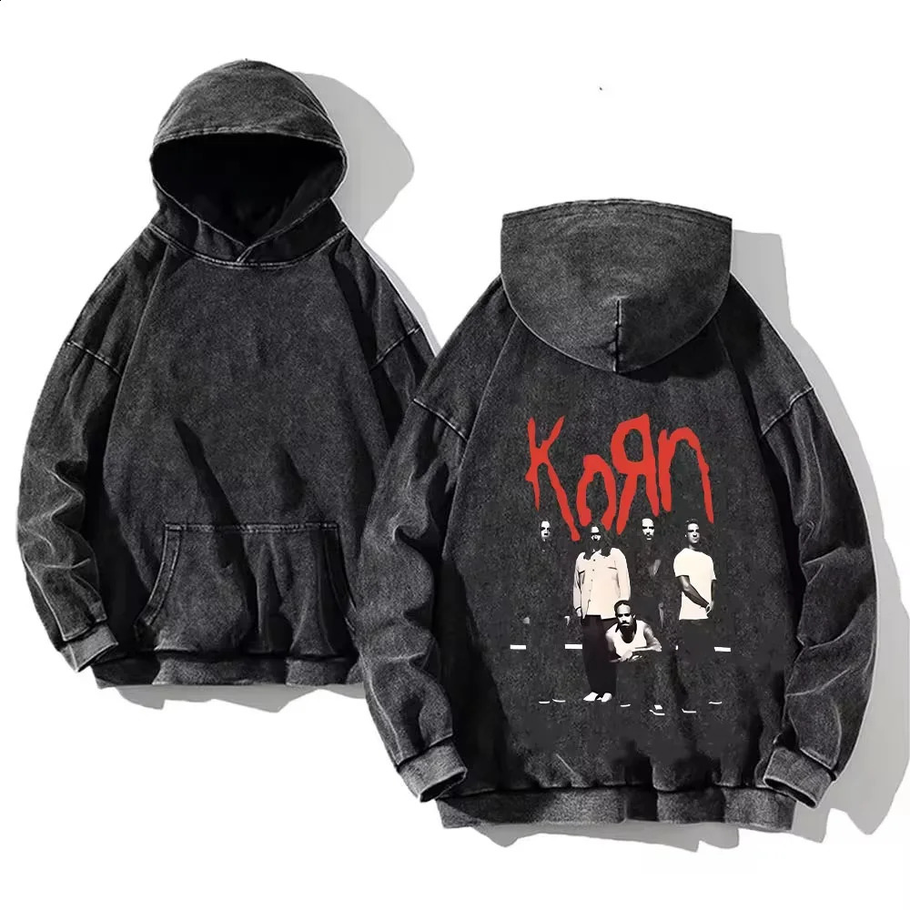 Korn Rock Band World Tour Hoodies Vintage Washed Mens Sweatshirts Cotton Hip Hop Streetwear Hooded Pullover Loose Y2K Tops 240910