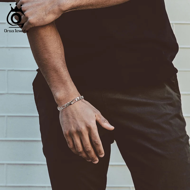 Orsa JEWELS 925 sterling silver Italian punk diamond cut Figaro Link chain bracelet for men teenagers women jewelry SB108 240912