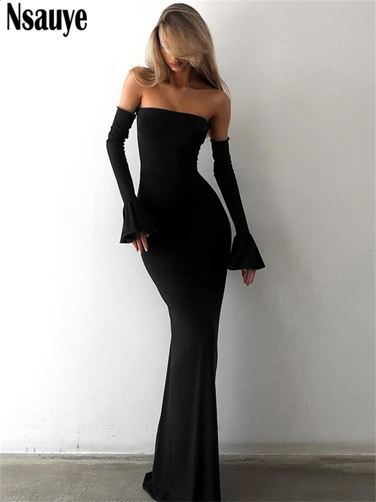 Nsauye Autumn Fashion Elegant Womens Sexy Evening Dress Birthday Party Nightclub Shoulder Long Sleeve Maxi Bodycon 240913