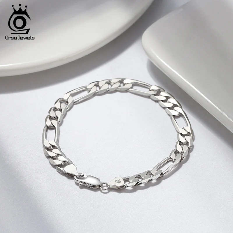 Orsa JEWELS 925 sterling silver Italian punk diamond cut Figaro Link chain bracelet for men teenagers women jewelry SB108 240912