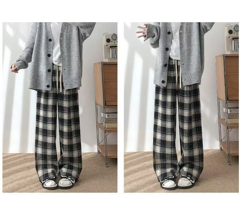 Black-and-white contrast plaid pants women's autumn and winter 2023 new plush padded lazy high waist drooping woolen mop pants