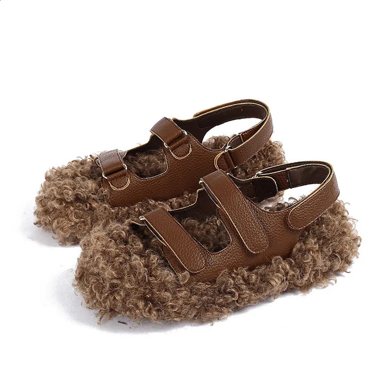 Double belt curly fur sandals womens flat foot pads winter shoes sheepskin sandals 240914