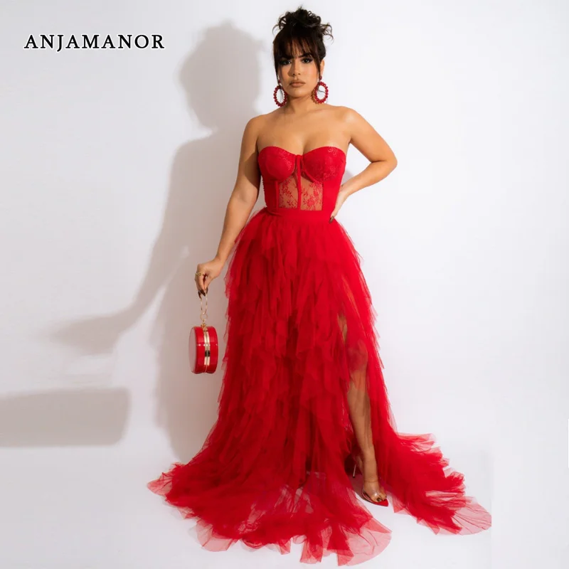 ANJAMANOR Elegant Sexy Evening Dresses 2023 Party Black Red See Through Lace Mesh Corset Maxi Dress Luxury Evening Gown D35-GI37