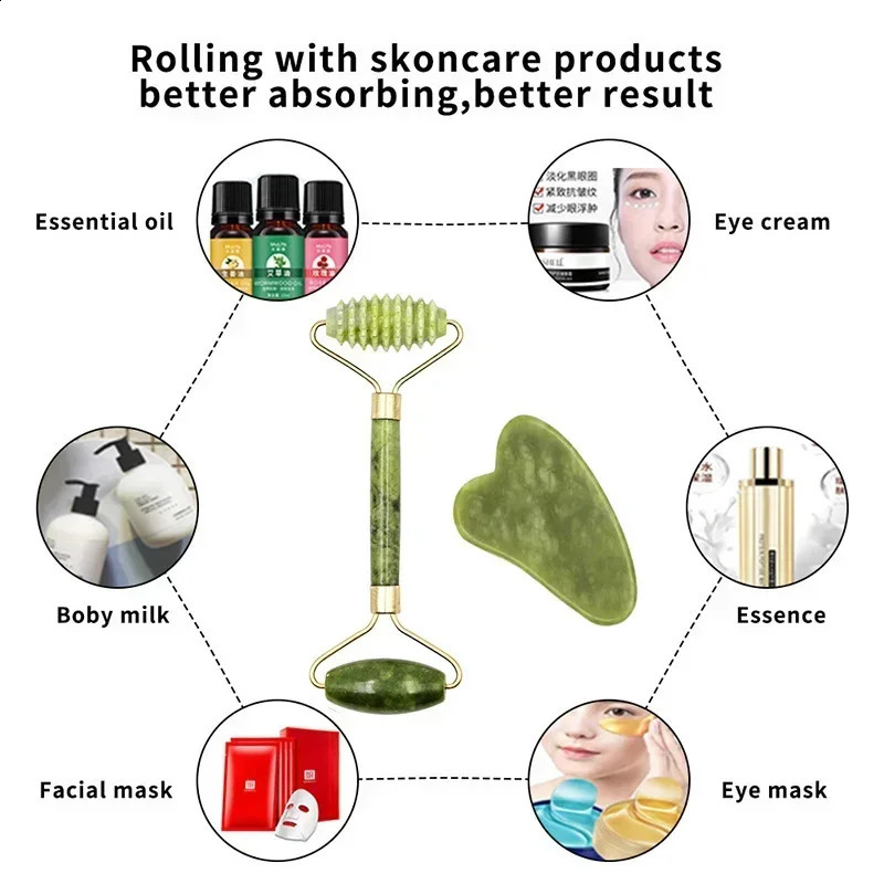Guasha Natural Stone Massage Face Jade Roller Gua Sha Tool Set for SPA Body visage rouleau de massage 240911