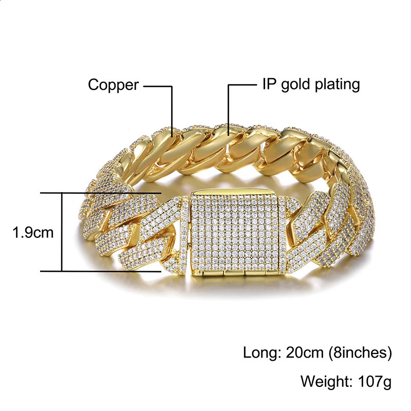 Hip Hop 19MM 3 Row Heavy Cuban Prong Chain Bling Iced Out Box Buckle Copper Setting Cubic Zirconia Bracelet For Men Jewelry 240910