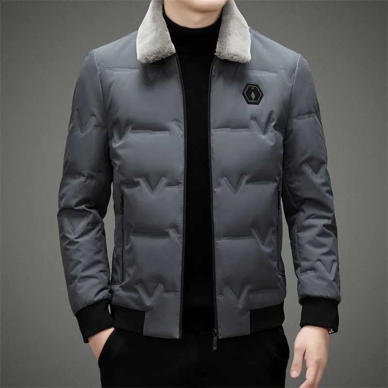 Casual Autumn Winter Mens Lightweigt Fur Collar Duck Down Jackets Business Slim Top Puffer Coats Outwear Warm Down Clothes 240913